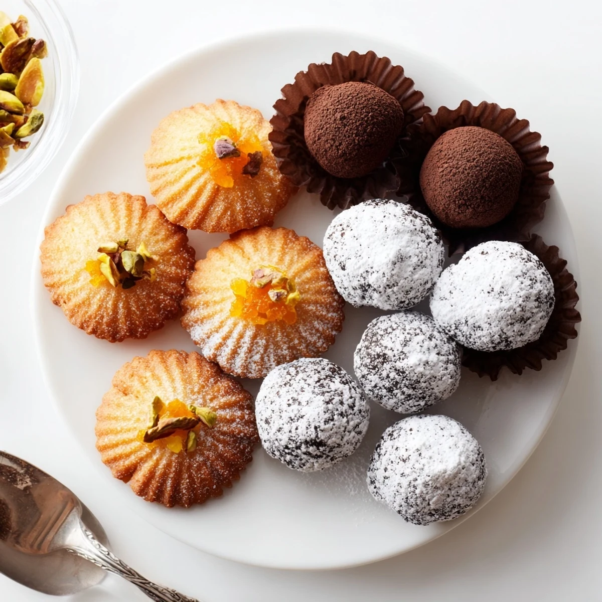 Elegant assortment of Mignardises Bonne Année 2026, offering almond financiers, truffles, and delicate madeleines.