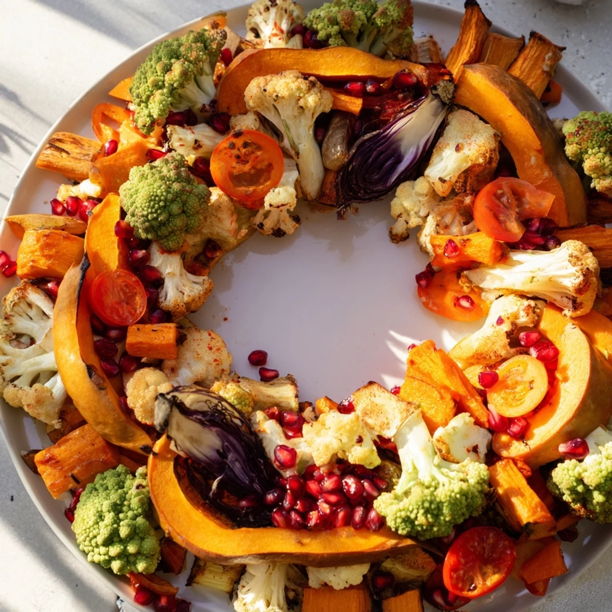 Roasted Festive Vegetable Christmas Wreath, a colorful and delicious holiday main dish.