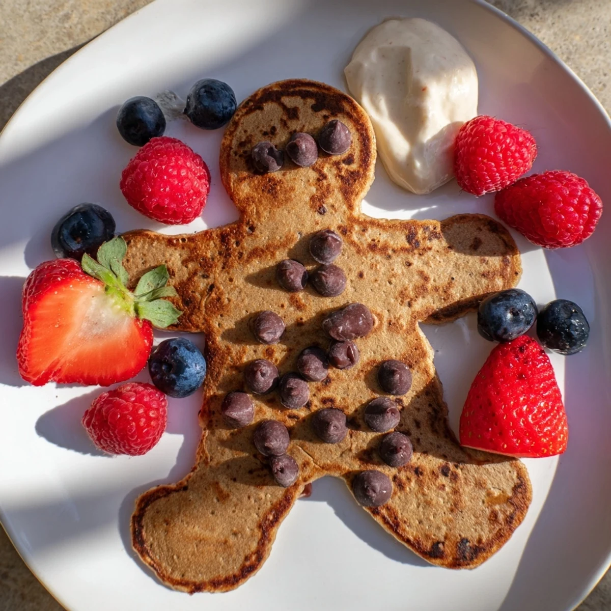 A beautifully arranged gingerbread boy berry board featuring warm gingerbread pancakes, fresh berries, and yogurt.