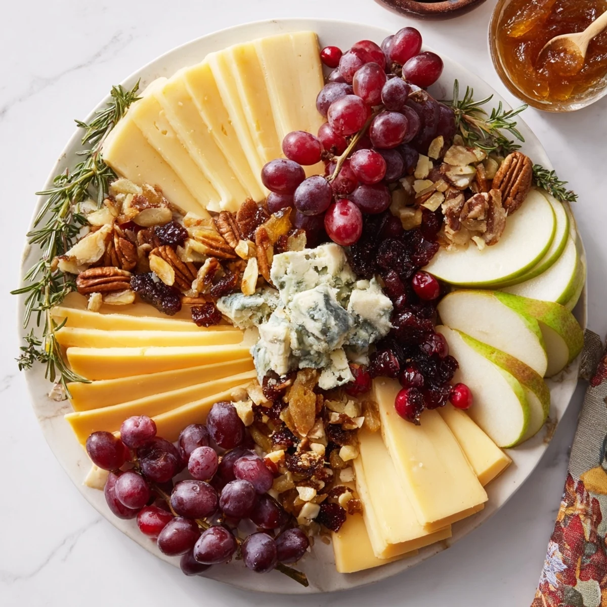 A beautifully arranged Winter Cabin Cheese Display featuring various cheeses, fruits, and nuts, ready to enjoy.