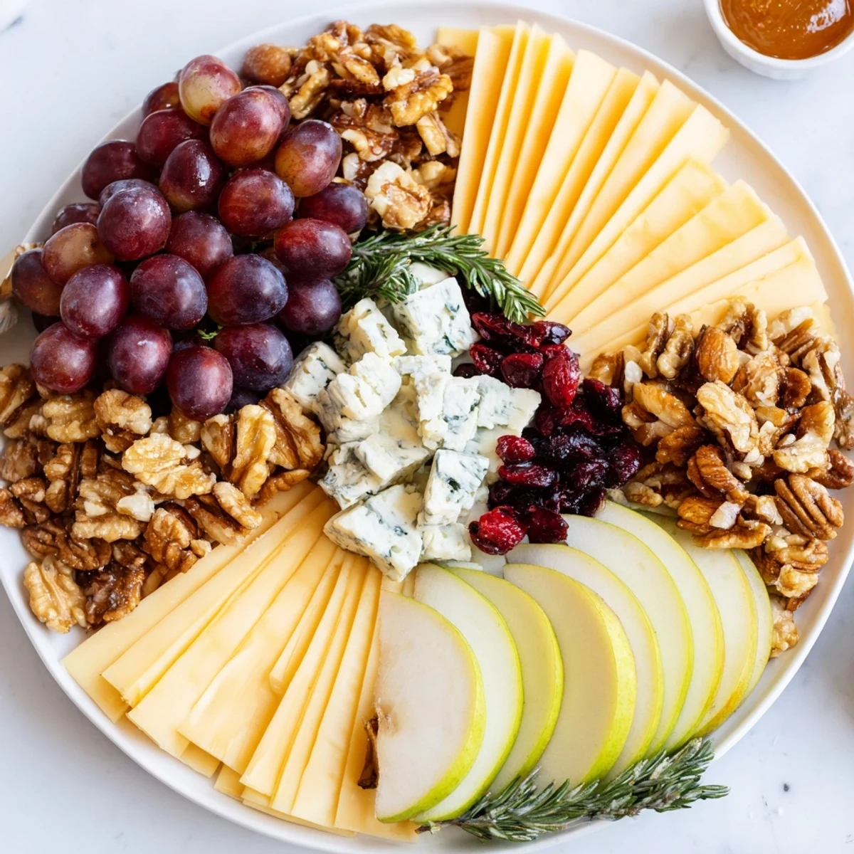 Inviting image of a Winter Cabin Cheese Display with creamy brie, aged cheddar, and fresh fruit for an appetizer.