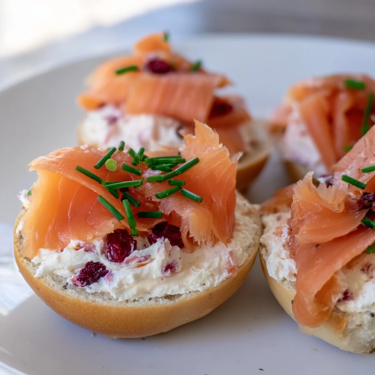 A beautifully arranged Cranberry Sleigh Bagel Board, showcasing smoked salmon, healthy options, and colorful holiday treats.