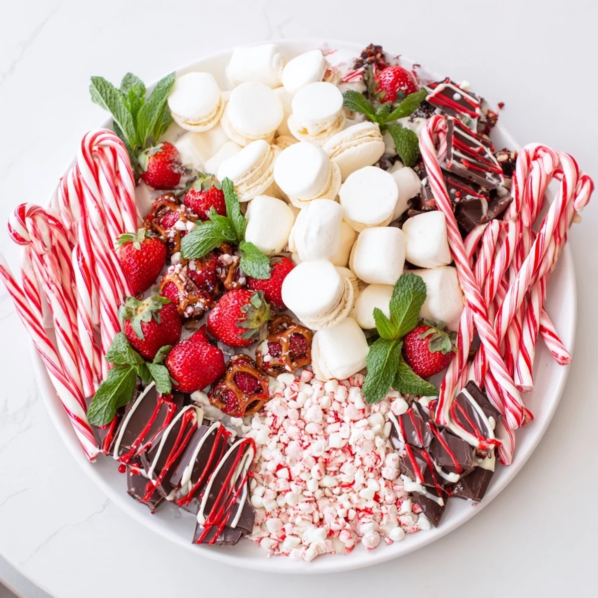 See the Candy Cane Dessert Platter, with peppermint bark, strawberries, and treats for a stunning dessert display.