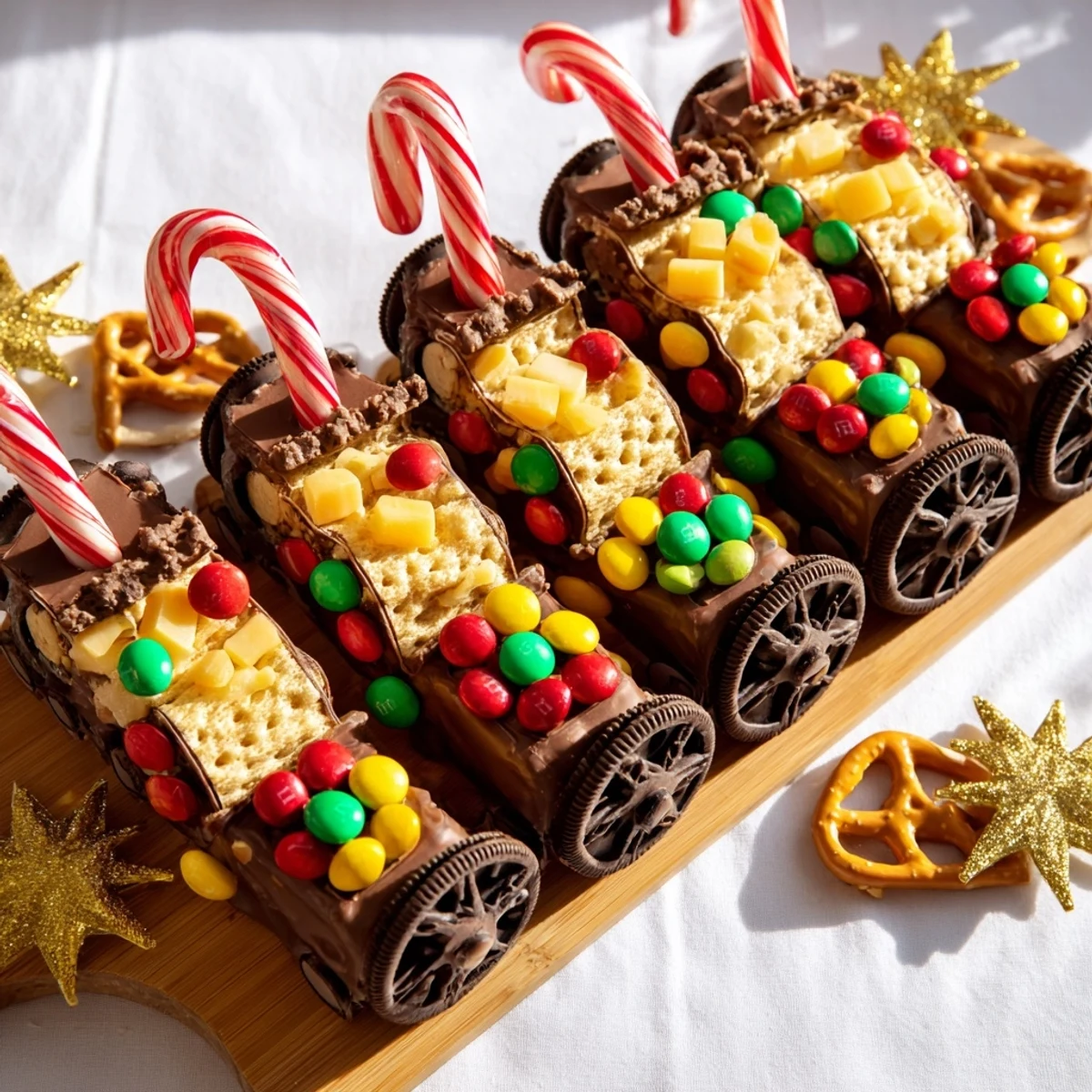 A beautifully arranged Polar Express Train Treat Board filled with colorful holiday snacks ready to eat.