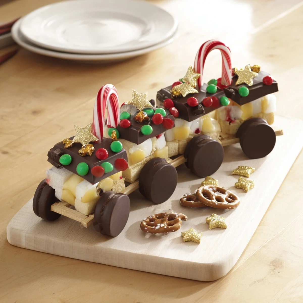Festive Polar Express Train Treat Board showcasing a delicious assortment of sweet and savory treats to enjoy.