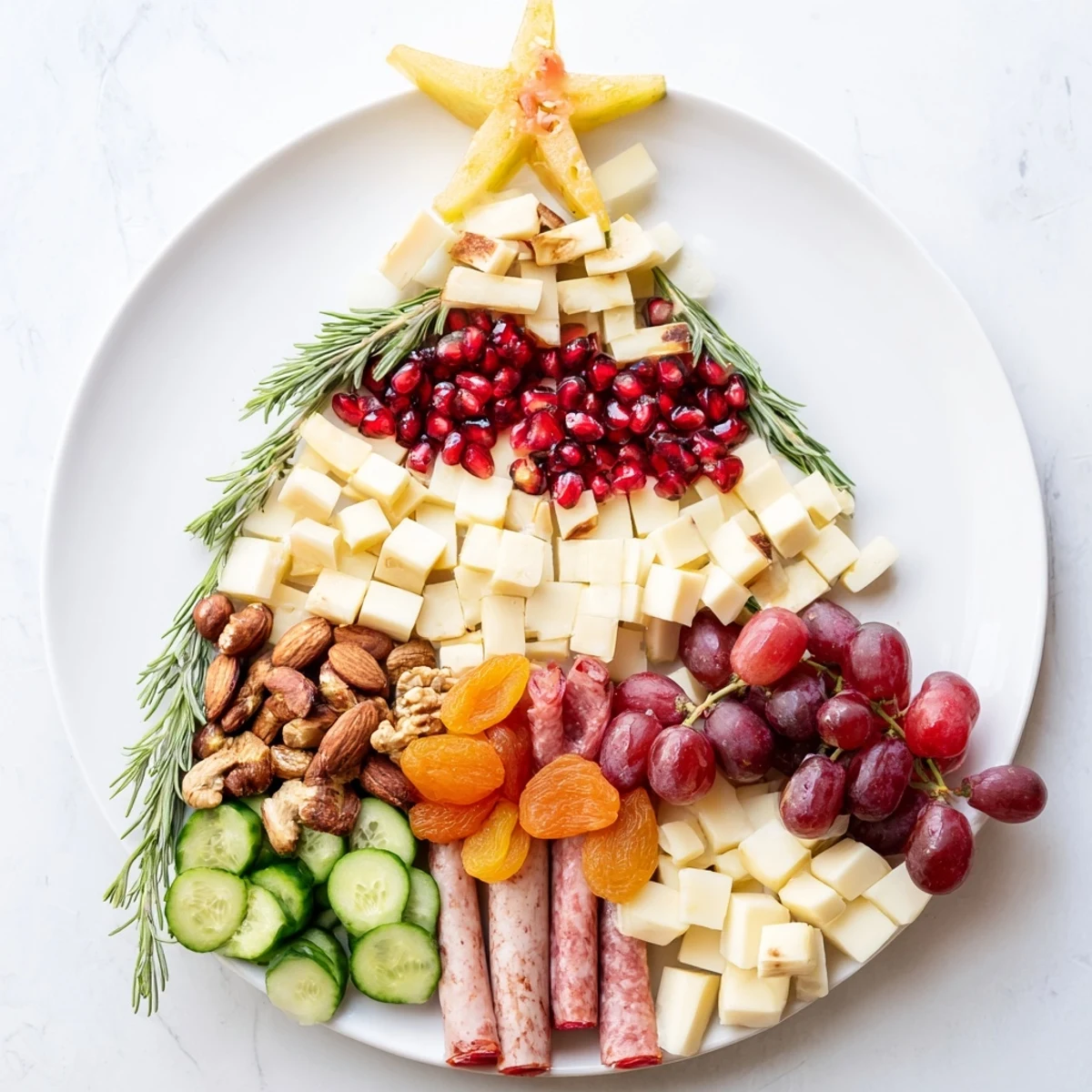 Festive Holiday Tree Appetizer Platter, vibrant fruits and cheeses arranged in a holiday tree shape for guests.