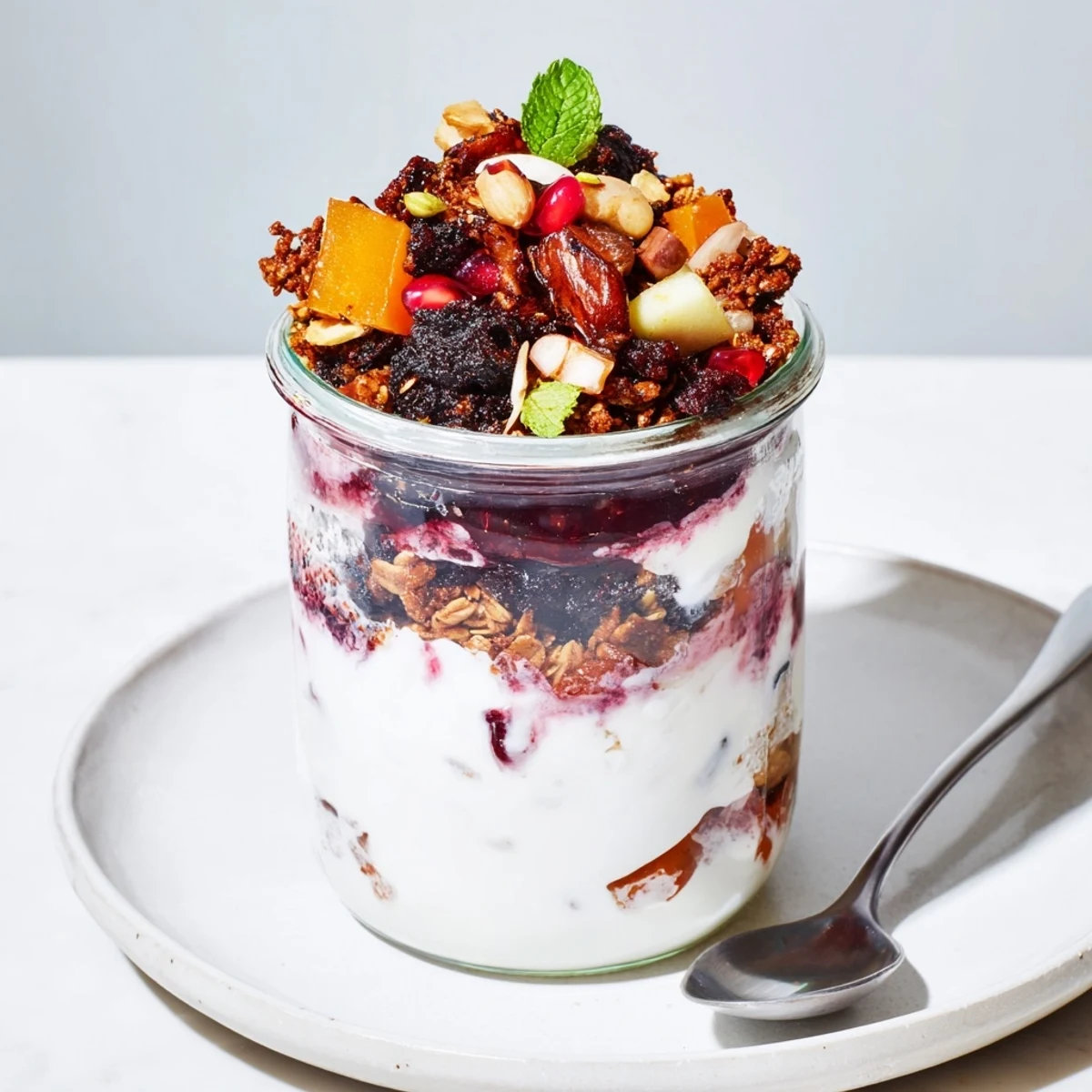 Creamy Christmas Pudding Yogurt Parfait Bar with layers of yogurt, fruit compote, and granola.