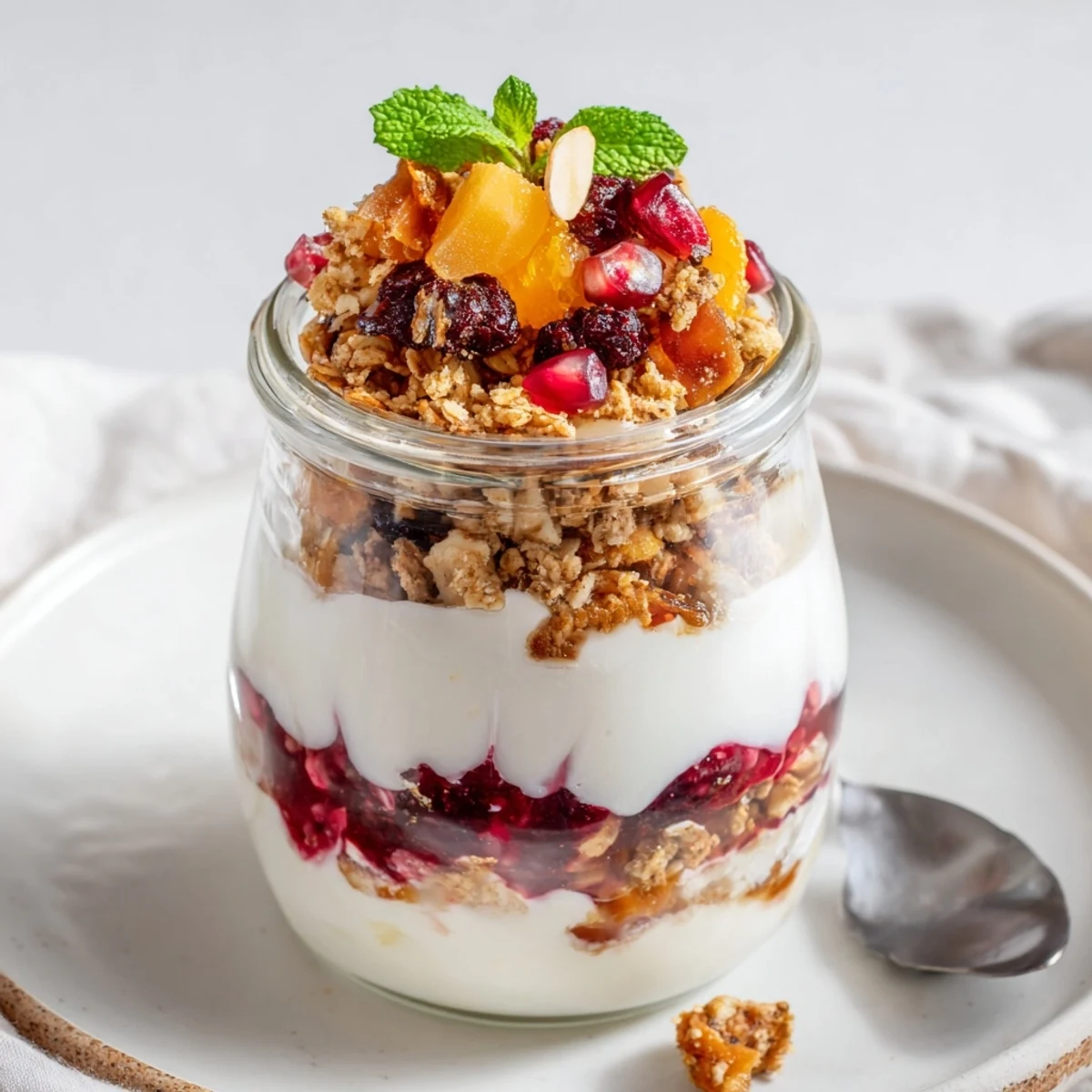 A layered glass reveals a delicious Christmas Pudding Yogurt Parfait Bar, perfect for brunch enjoyment.