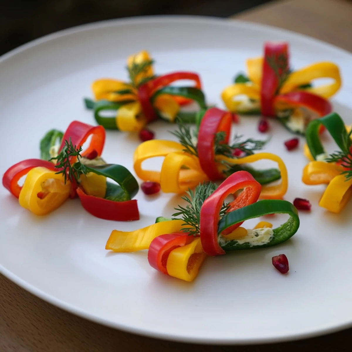 Vibrant Bell Pepper Christmas Bow appetizers; colorful, folded pepper strips filled with creamy cheese.