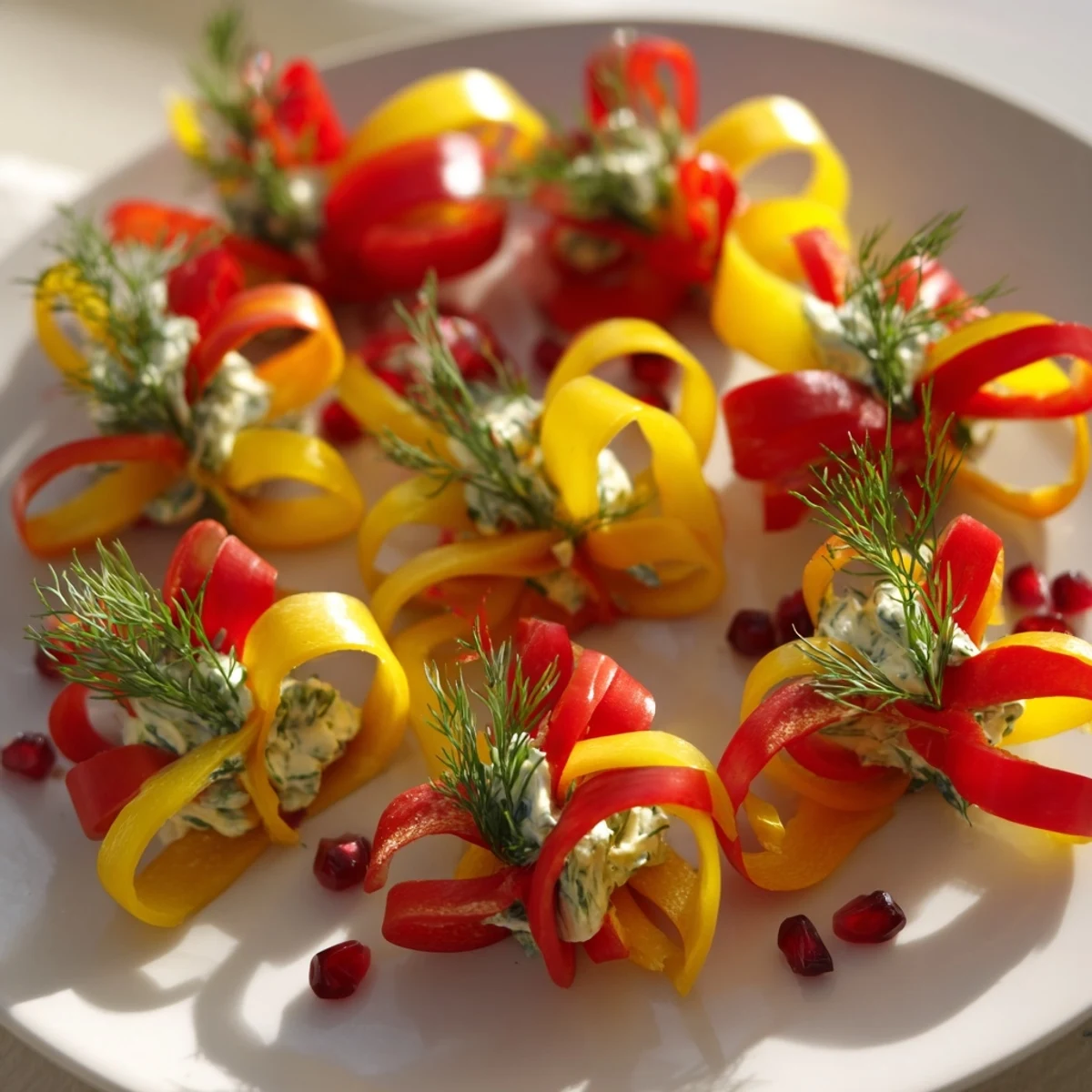 A close-up of a festive platter with delicious Bell Pepper Christmas Bows, perfect for your holiday table.