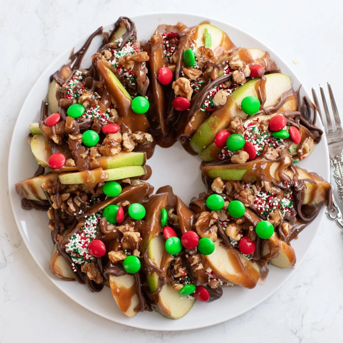 A beautiful Caramel Apple Slice Christmas Wreath topped with festive holiday sprinkles and nuts.