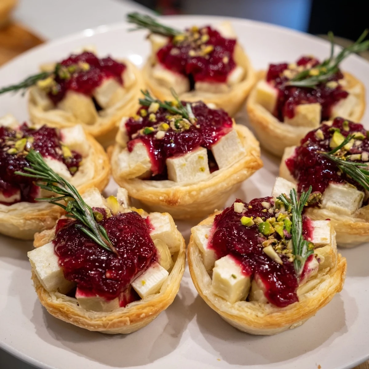 Golden, flaky Cranberry Brie Bites Wreath, with bubbling cheese and a bright cranberry topping.