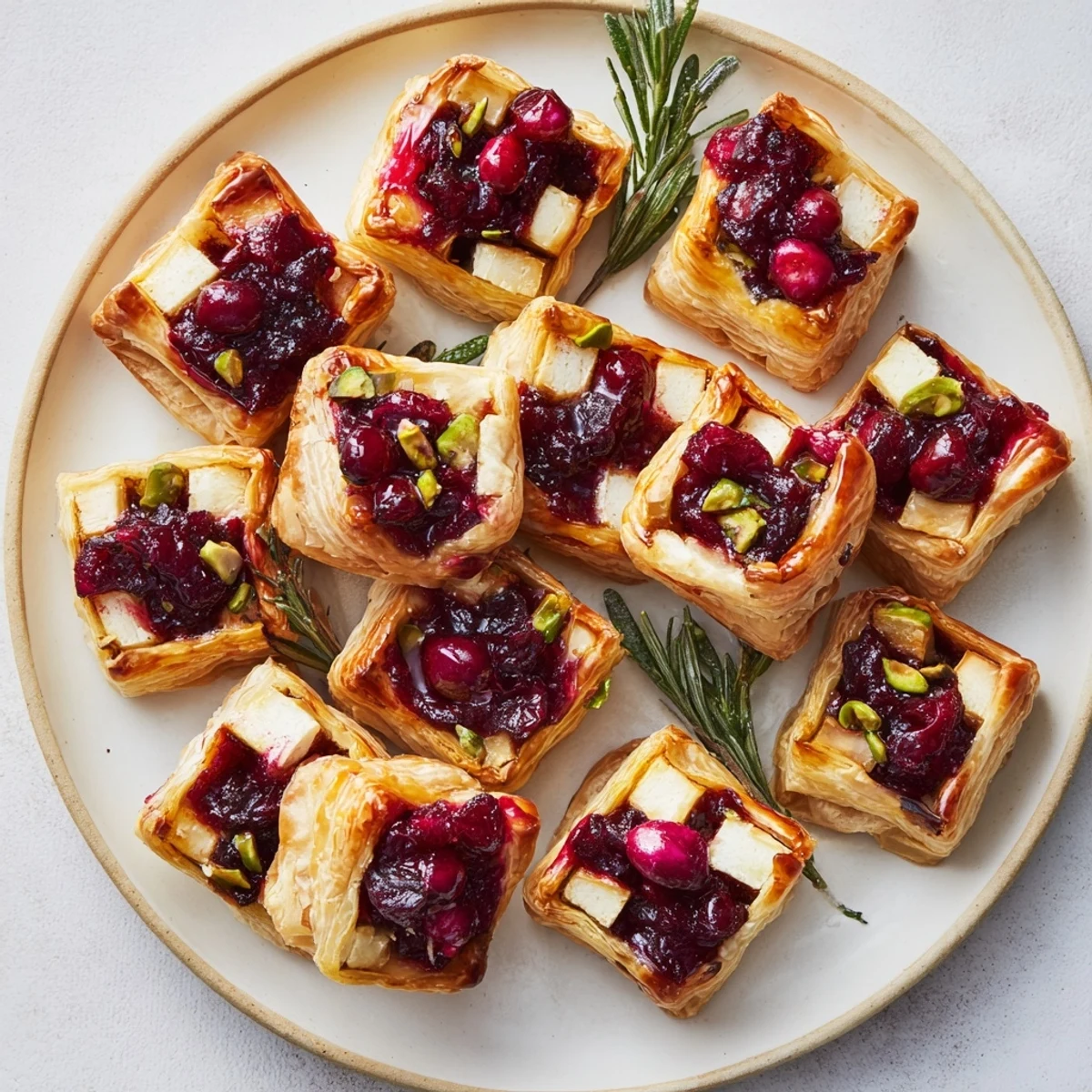 Warm Cranberry Brie Bites Wreath, beautifully arranged with rosemary, ready to serve as an appetizer.