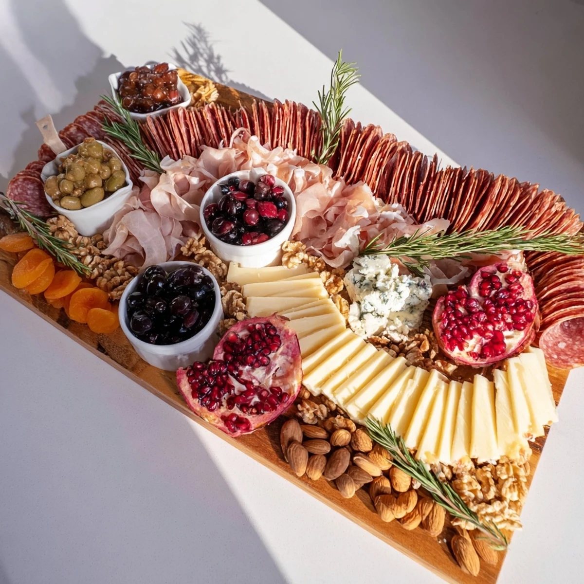 A beautiful winter forest charcuterie scene, featuring various meats, cheeses, and all the fixings.