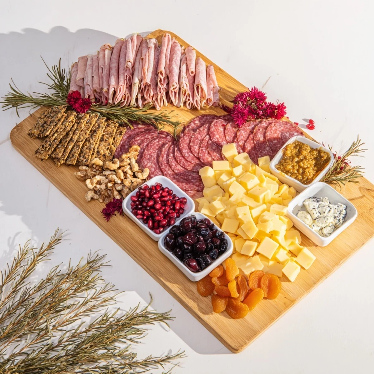 This festive winter forest charcuterie presents a delightful array of meats and cheeses for taste and sight.