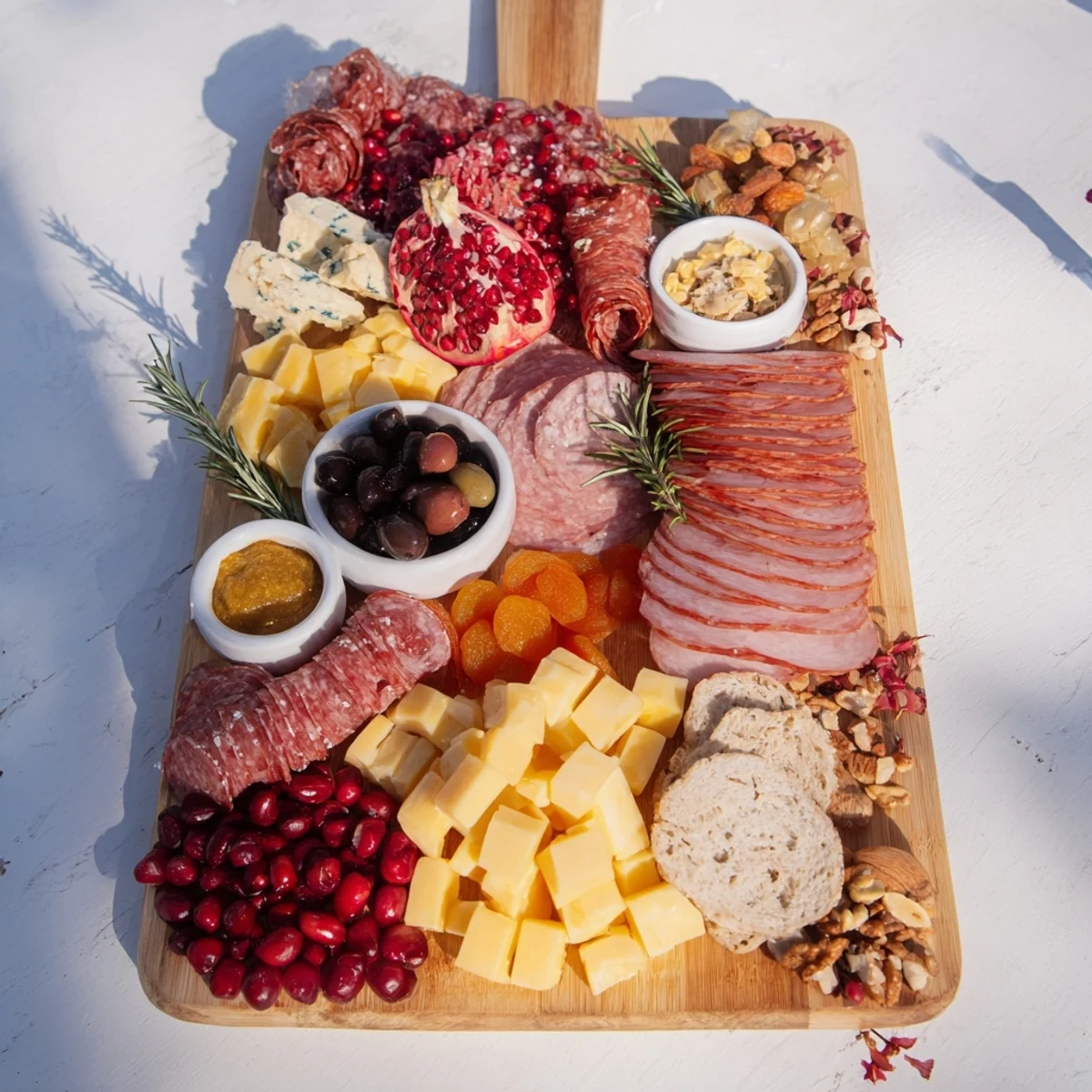 Vivid image of winter forest charcuterie: premium meats, cheeses, and garnishes perfect for the holidays.