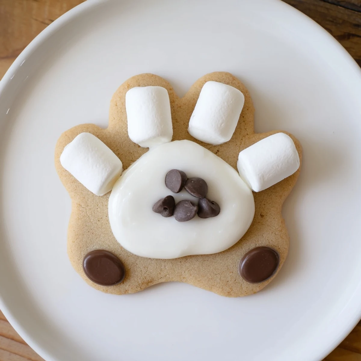 Perfectly iced Polar Bear Paw Print Cookies, ready to eat, with white chocolate and chocolate accents.