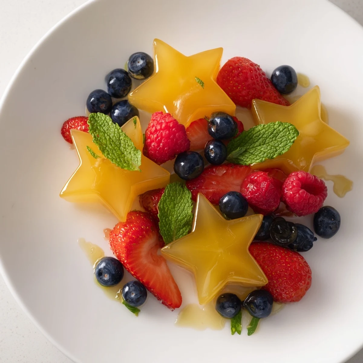 Vibrant starfruit and berry platter with juicy strawberries, perfect for a refreshing vegan snack.