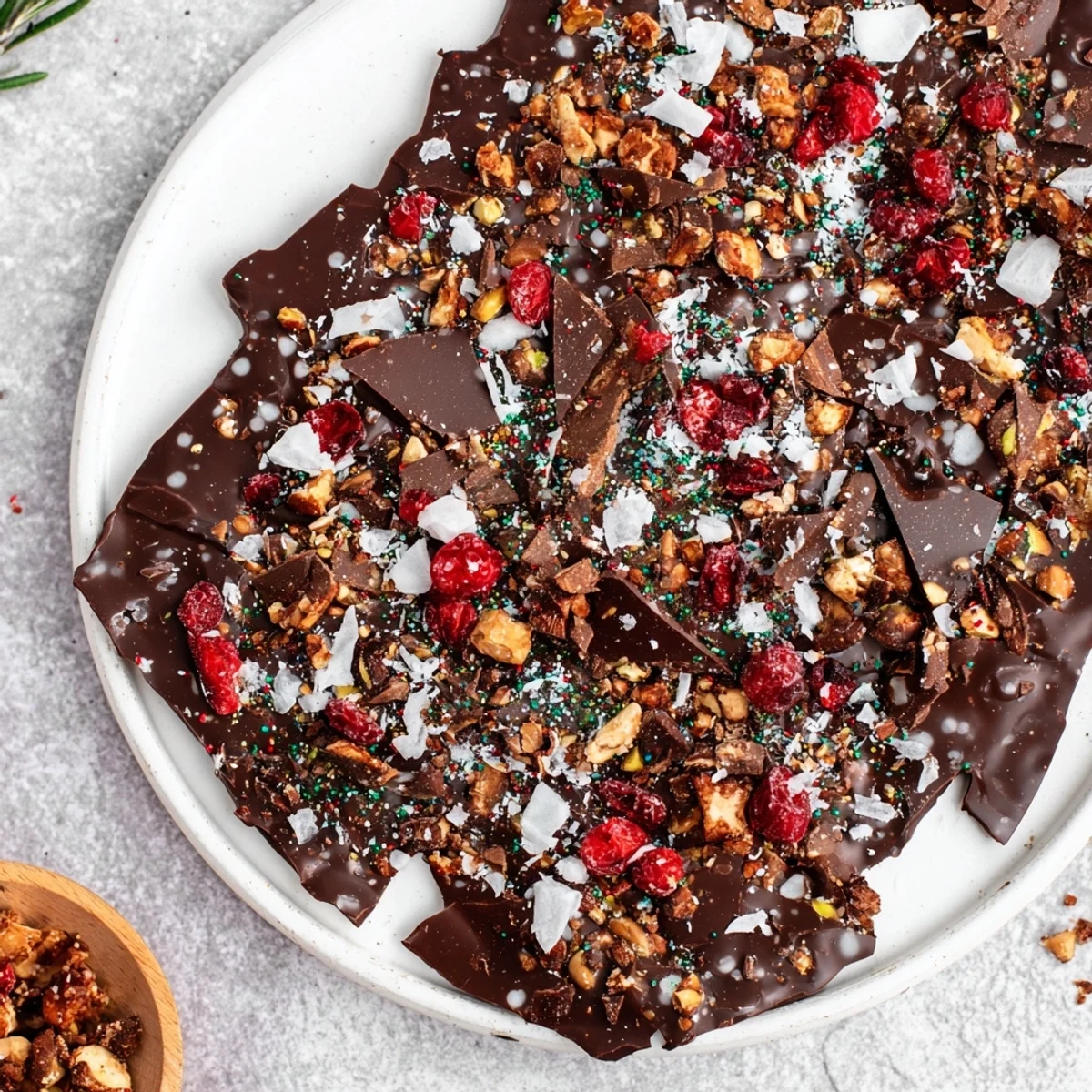 Festive holiday bark shards with peppermint, pistachios, and cranberries, a decadent dessert to enjoy!