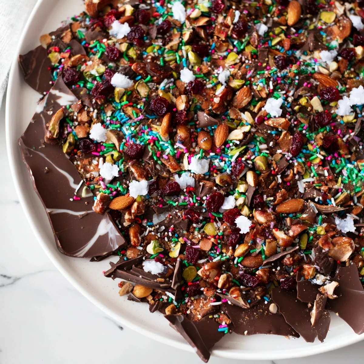 Showcasing a platter of broken holiday bark; delicious, homemade shards ready to share or gift.