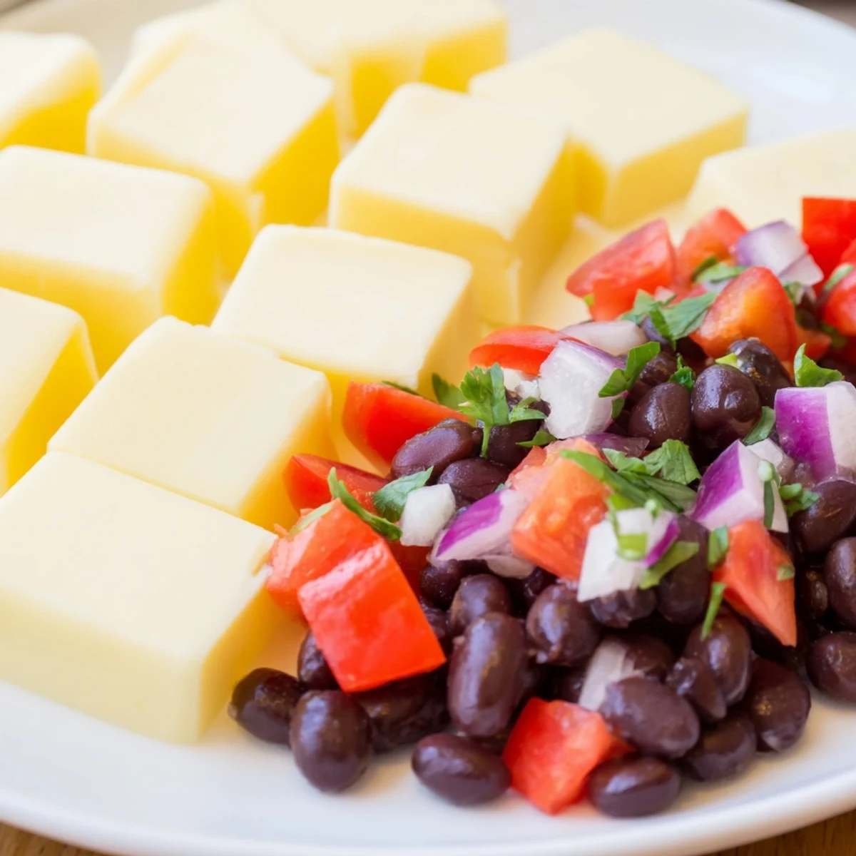 Freshly made Pepper Jack Cubes, served with vibrant black bean salsa, ready for dipping.