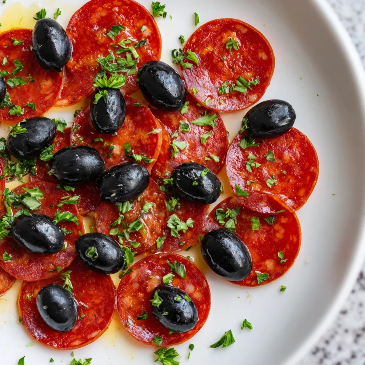 Savory sliced pepperoni and olive halves appetizer, ready to eat, with glistening olive halves.