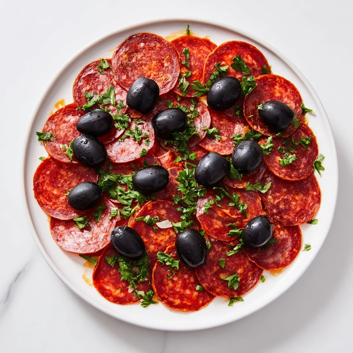 Arrangement of perfectly round sliced pepperoni topped by dark olive halves, ready to serve.
