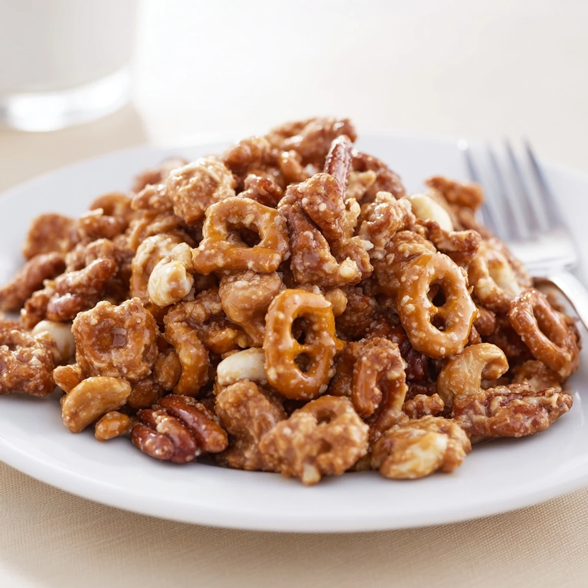 Golden, gooey coating on Salted Caramel Pretzels mixes perfectly with crunchy nuts, ready to enjoy.