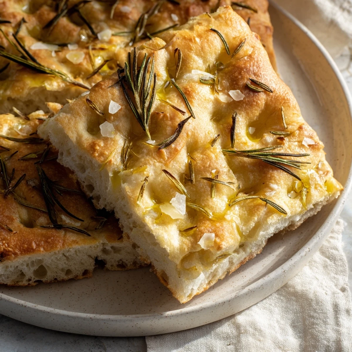 Golden crust slices of Holiday Bread focaccia topped with fresh rosemary and coarse sea salt.