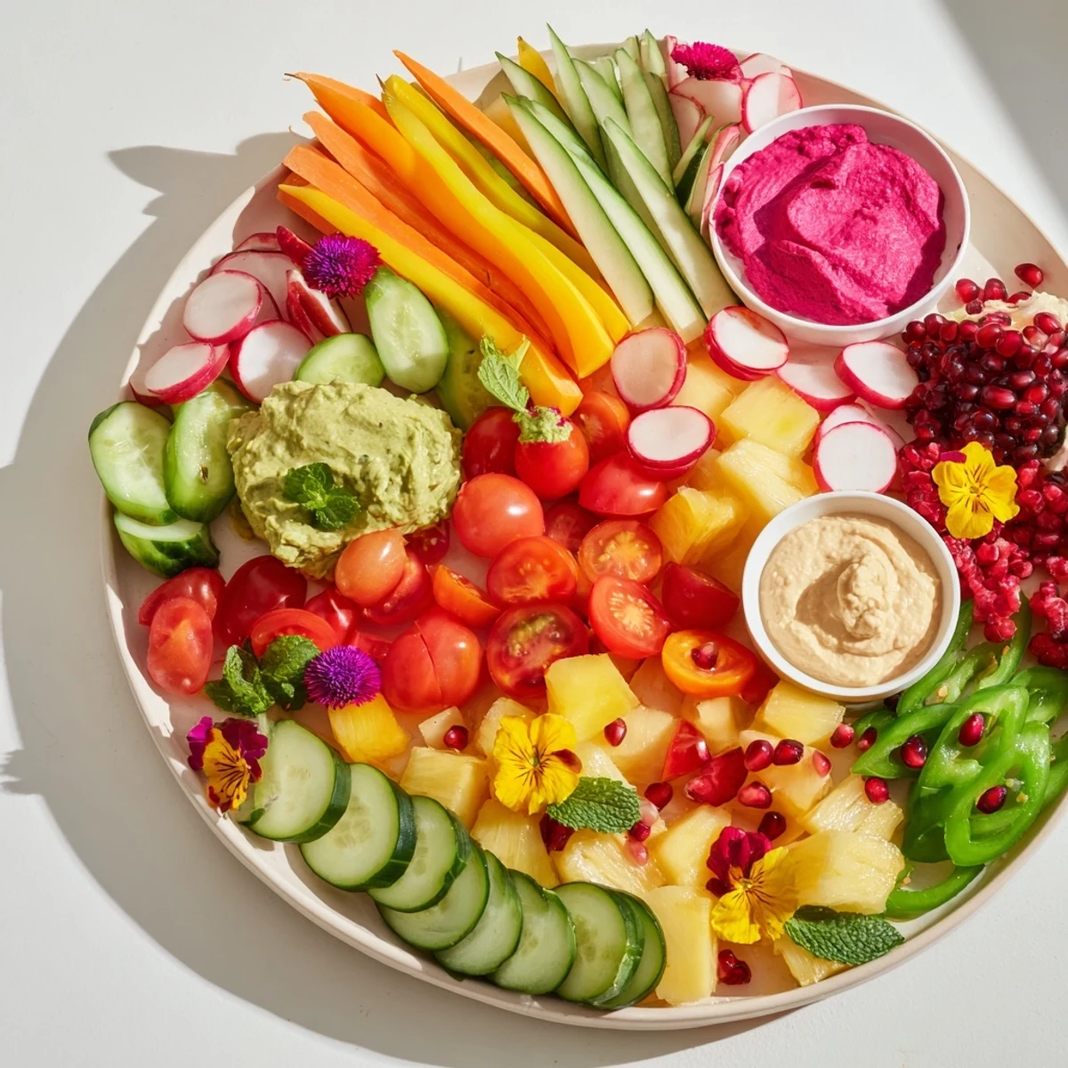 Vibrant Vegan Global Gardener Platter with colorful vegetables, fruits, and dips, ready to serve and share.