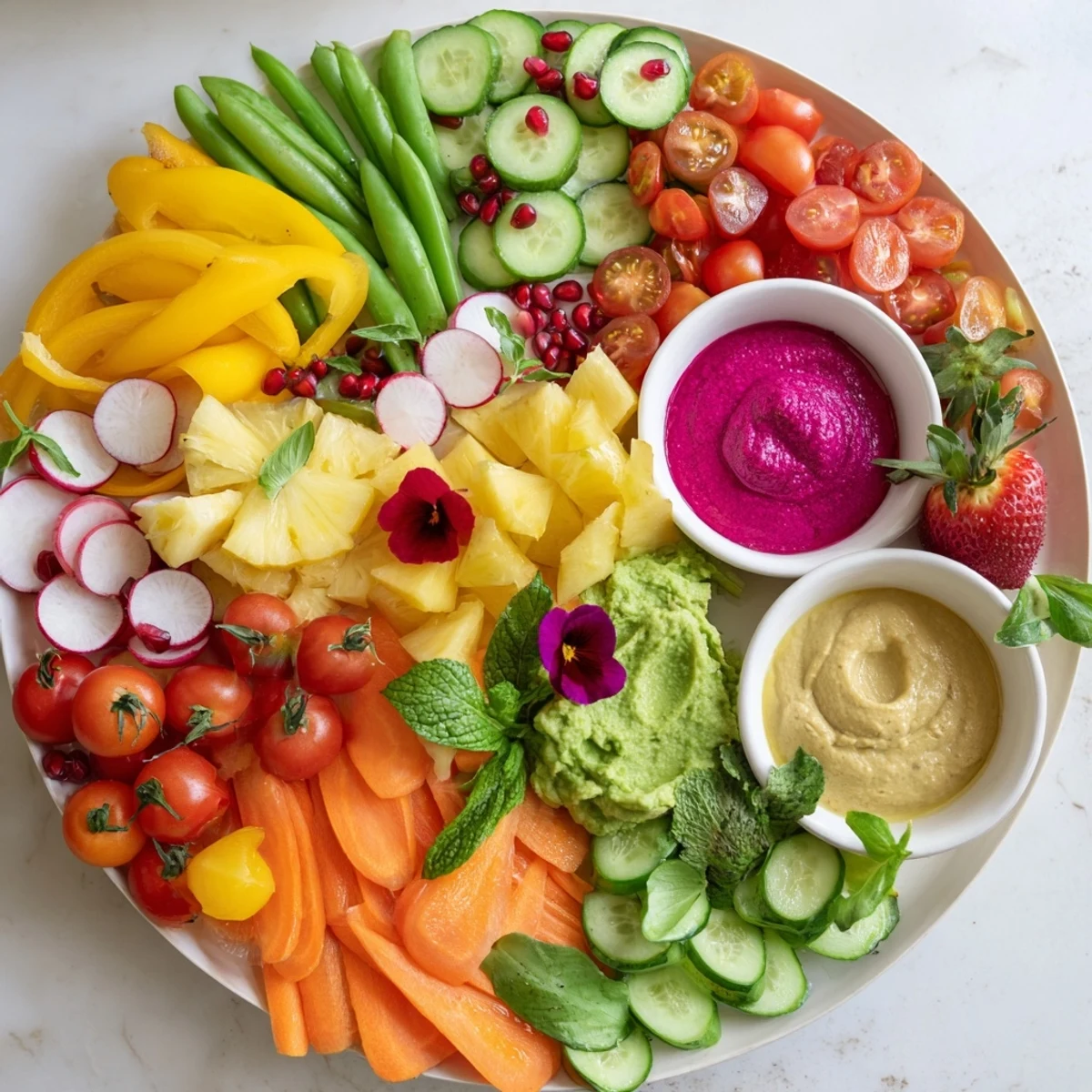 Freshly prepared Vegan Global Gardener Platter: sight of rainbow veggies and plant-based dips, perfect for any gathering.