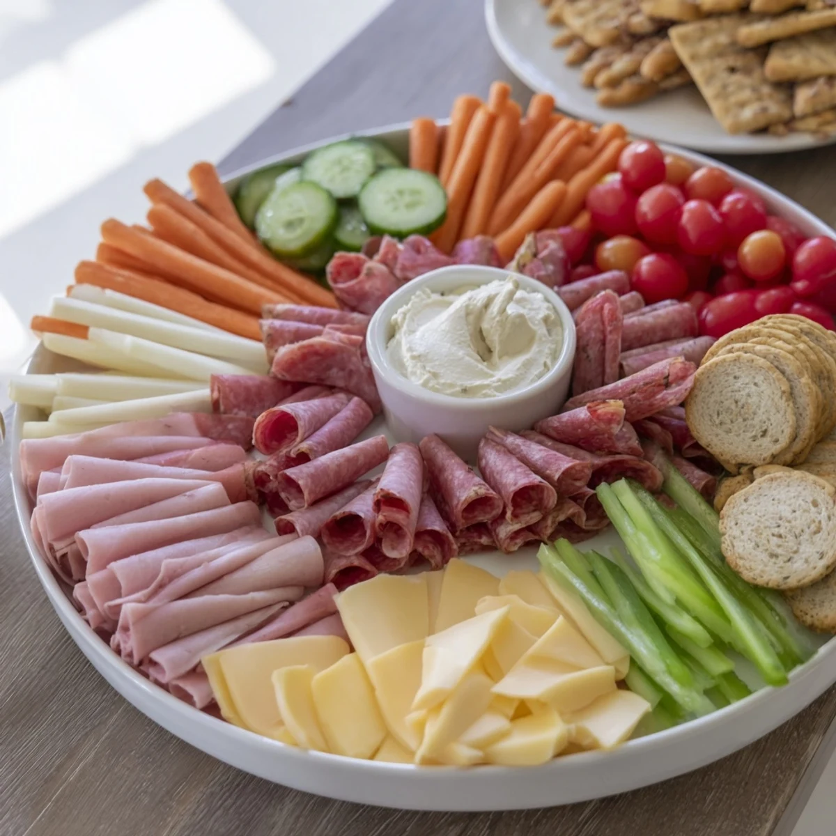 A family-style budget-friendly spread with colorful sliced meats and cheeses arranged invitingly on a platter.