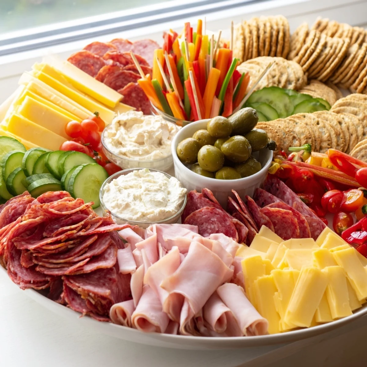 This tempting Budget-Friendly Family Spread picture includes crackers, olives, and fresh veggies for easy enjoyment.