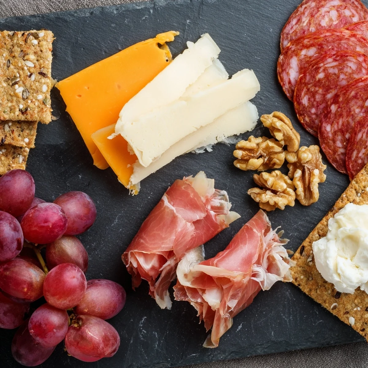 Elegant Charcuterie Board for One: a beautifully arranged appetizer with cured meats, cheeses, and grapes.