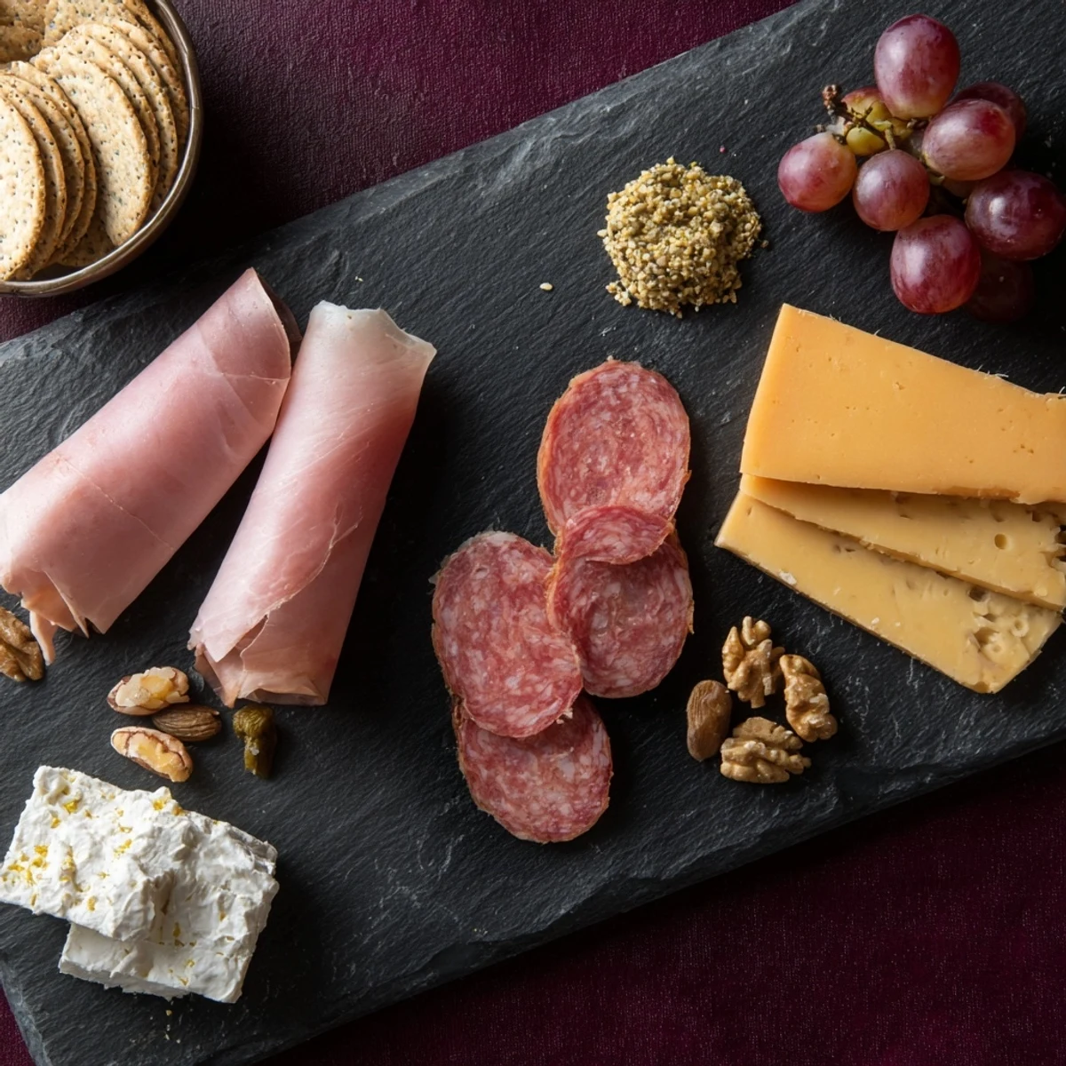 Single Serving Charcuterie Board: enjoy savory prosciutto, cheddar, brie, and other delightful flavors in this easy treat.