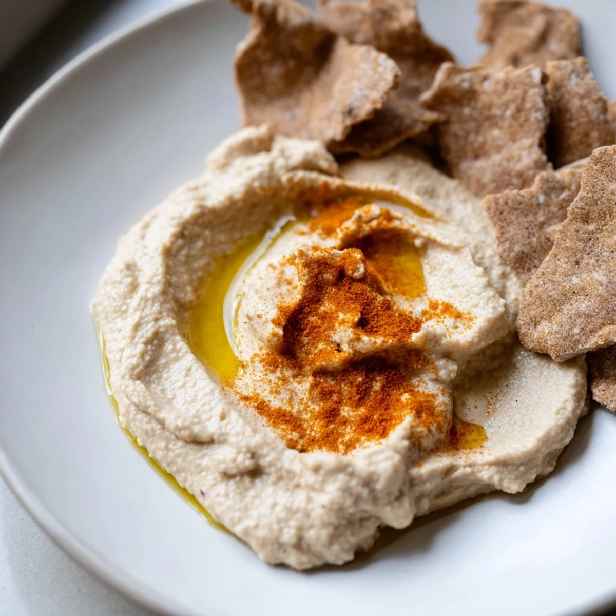 Creamy hummus dunes are featured in this Sahara Dune appetizer alongside crisp, spiced pita chips.