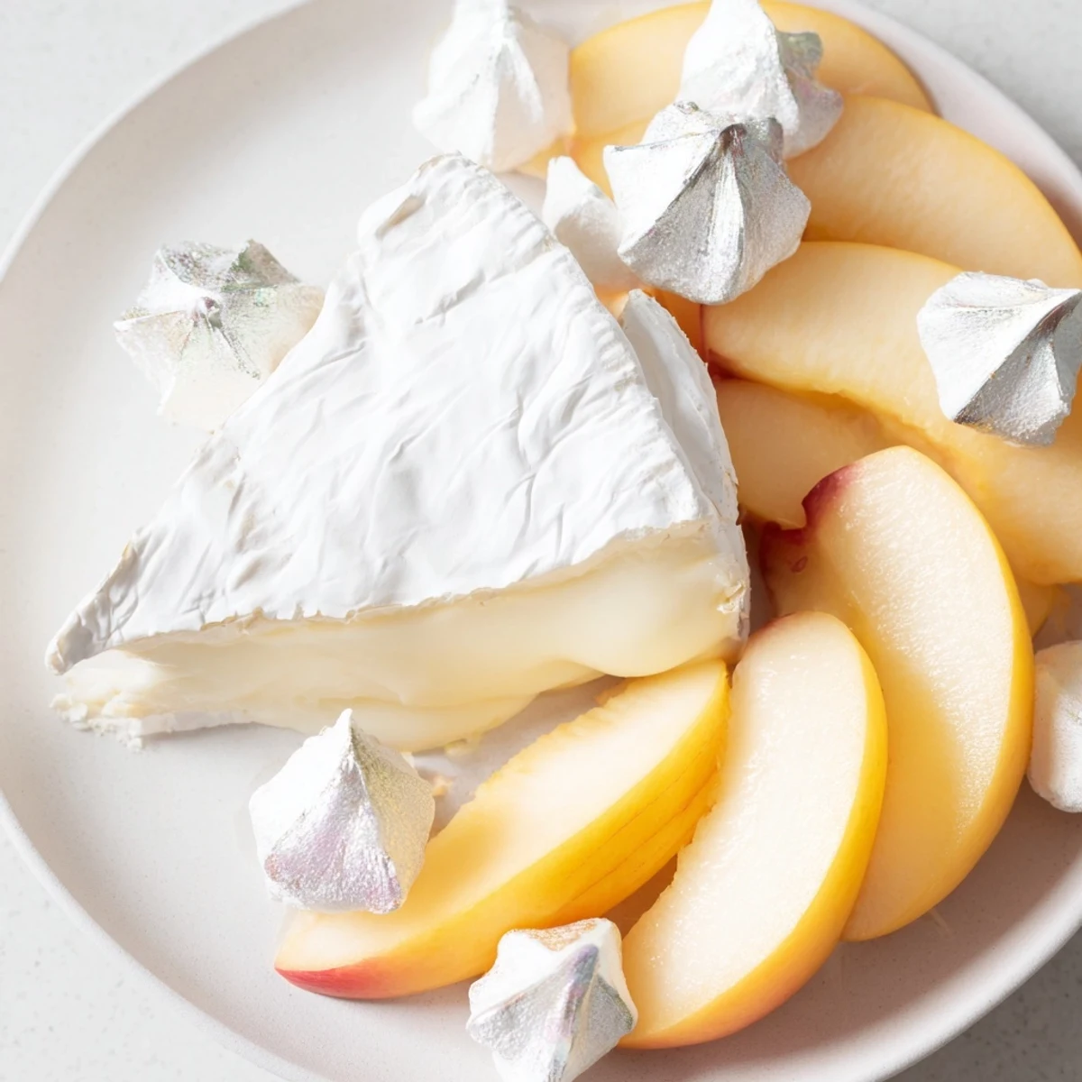 Elegant presentation of The Pearly Gates cheese board features white peaches, brie, and delicate meringue kisses.