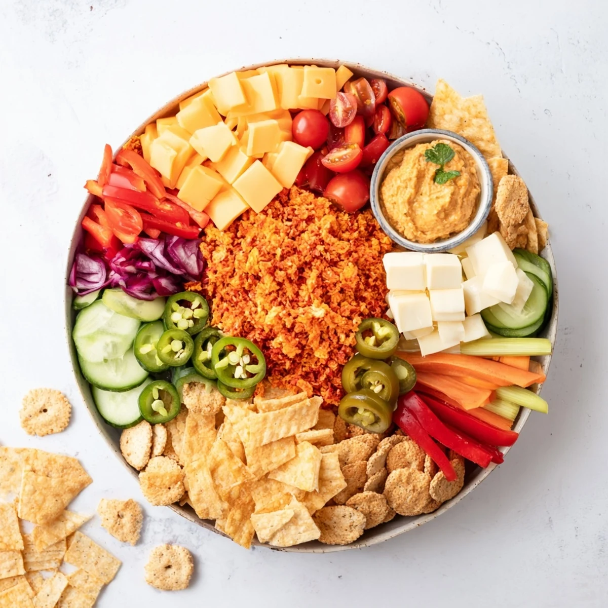 Vibrant Spicy Hot Take Platter, showcasing stacked cheeses, spicy meats, and fresh veggies for sharing.