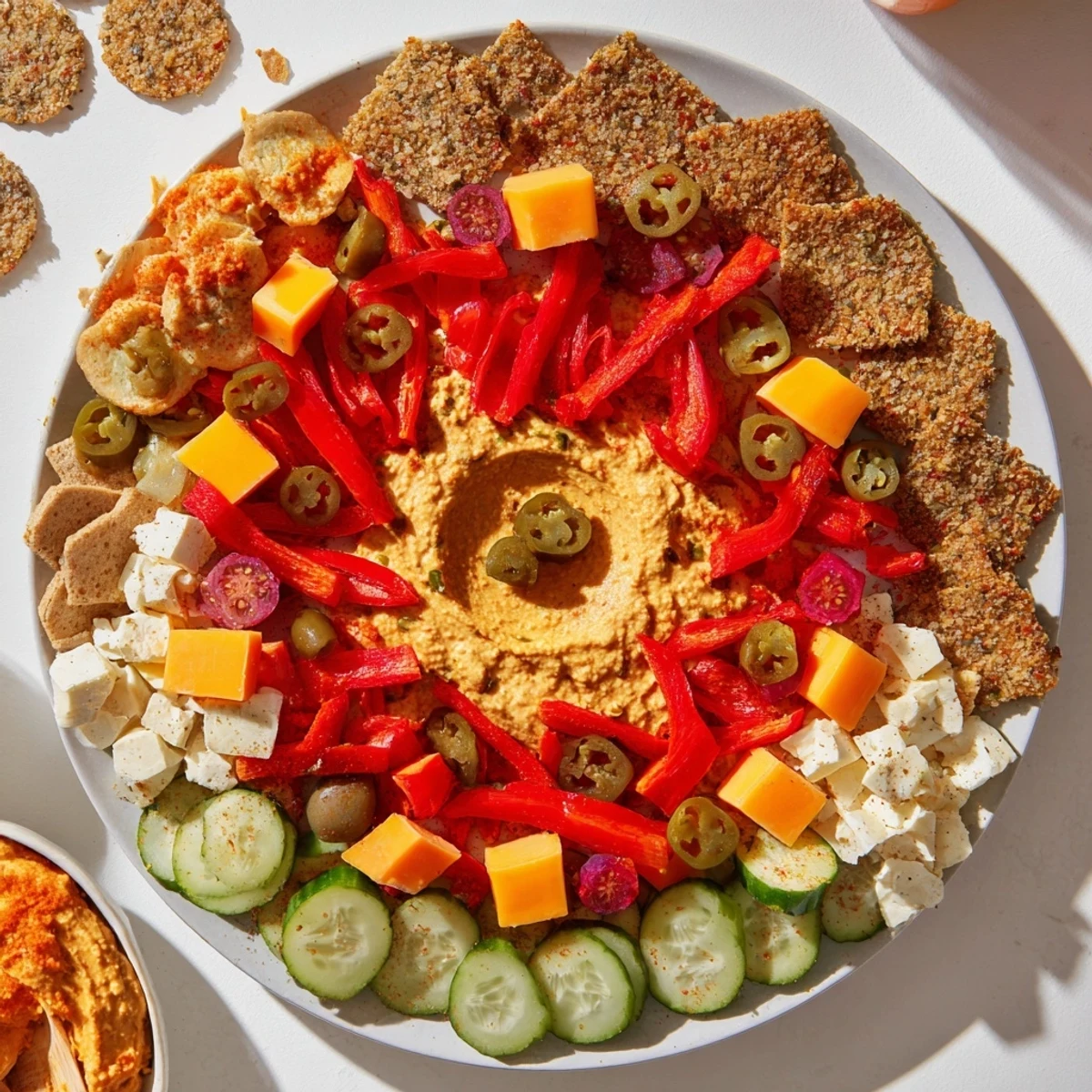 A close-up of the Spicy Hot Take Platter features colorful ingredients radiating outward, ready to enjoy.