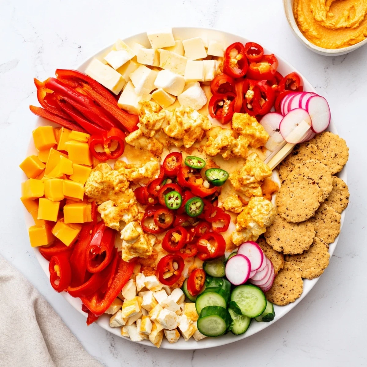 Delectable Spicy Hot Take Platter with a fiery core, cheddar, pepper jack, and a rainbow of fresh sides.