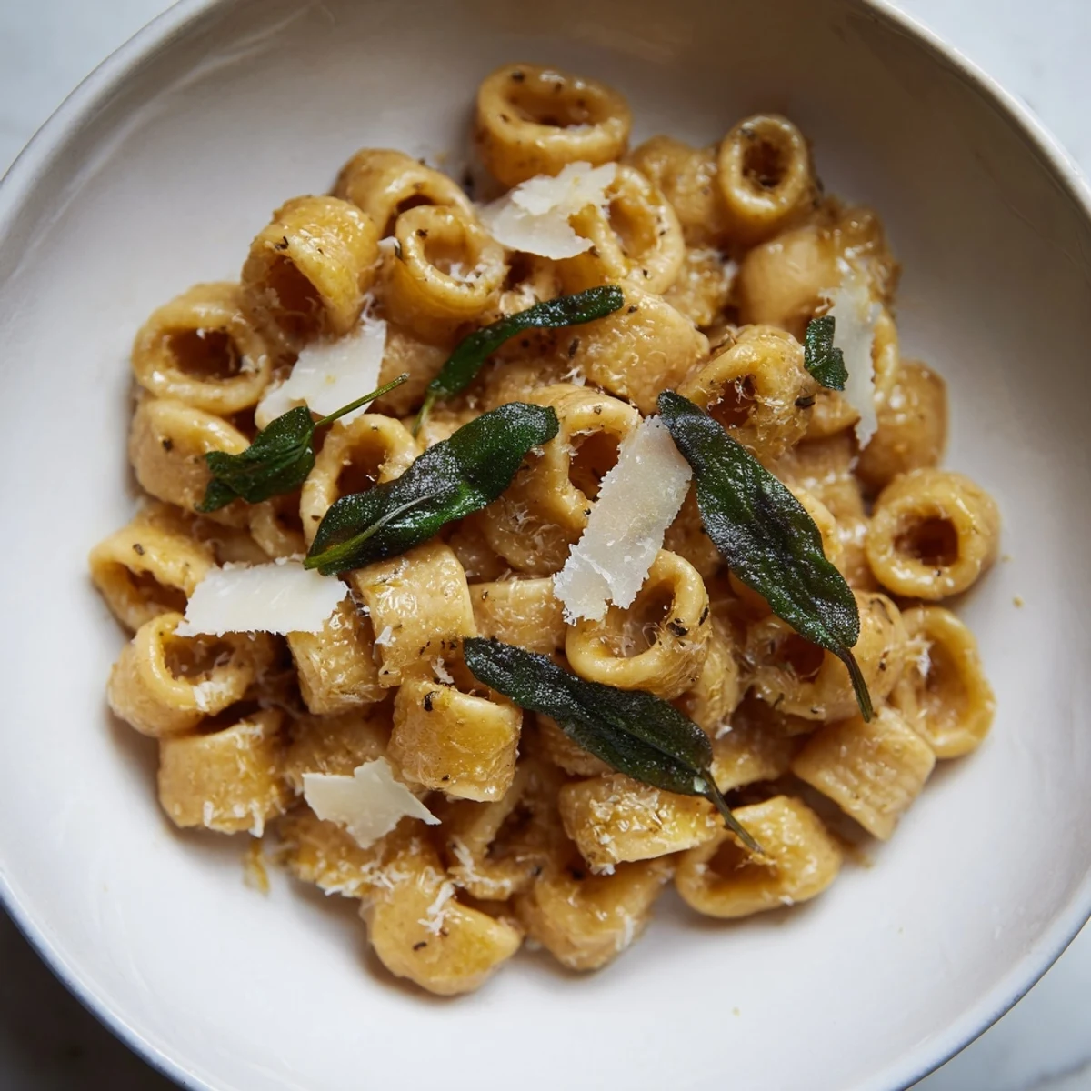 A close-up view of creamy Brown Butter & Sage Ditalini with a sprinkle of lemon zest, ready to savor.