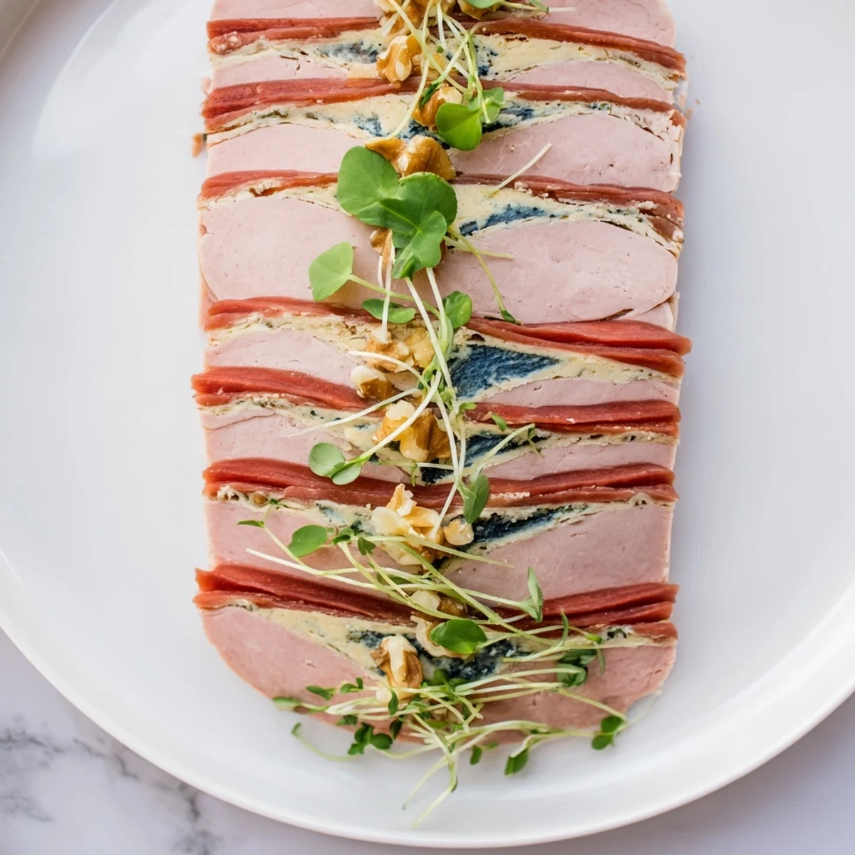 The Grand Canyon Rim terrine: a layered meat loaf with a creamy blue cheese river, ready for serving.