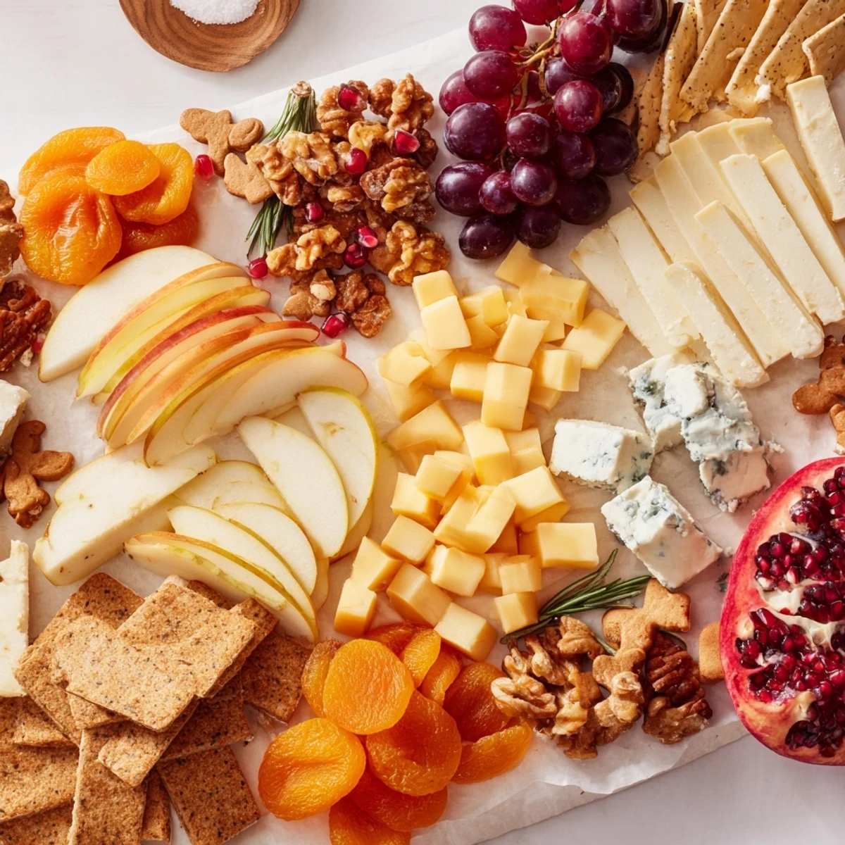 Festive Winter Wonderland Snack Board overflowing with cheeses, fruits, and crackers for a holiday feast.