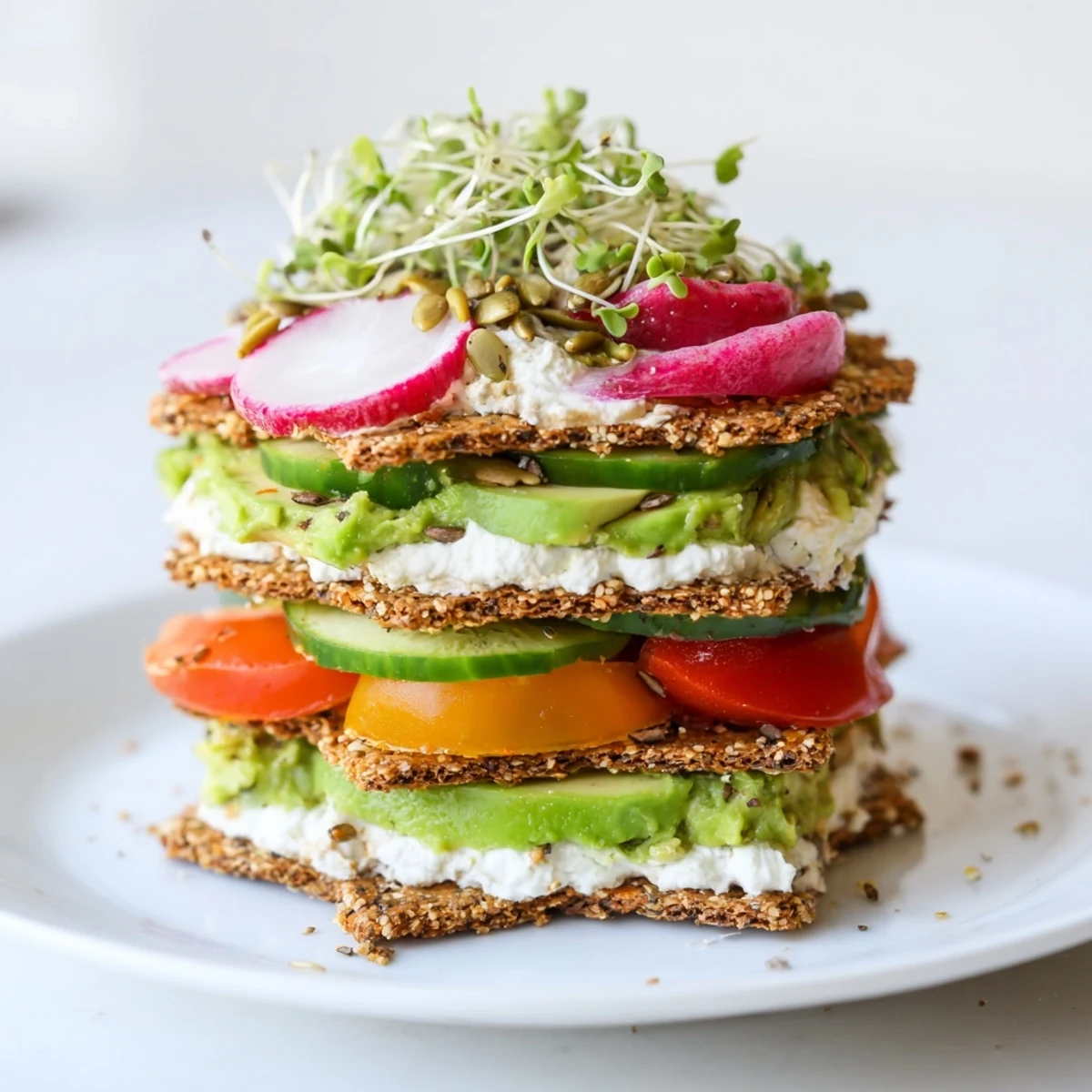 A beautiful view of a stacked Gluten-Free Gourmet Tower with colorful fresh ingredients ready to eat.