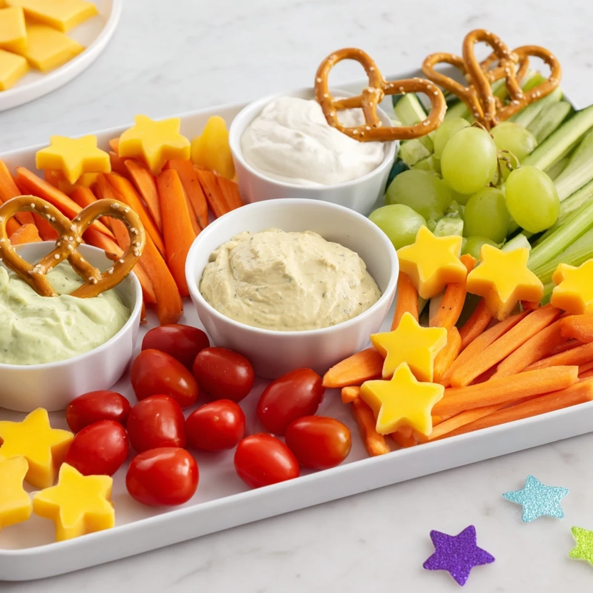 Kids Snack Adventure Map featuring colorful veggies, cheese shapes, and pretzel paths leading to dips.