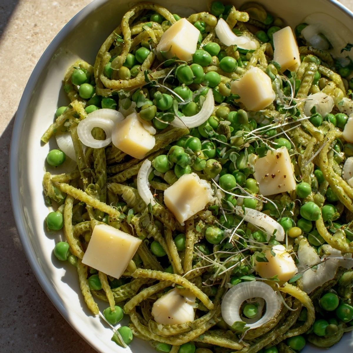 Fresh, bright English Ivy salad of snap peas and green beans, topped liberally with sharp white cheddar.