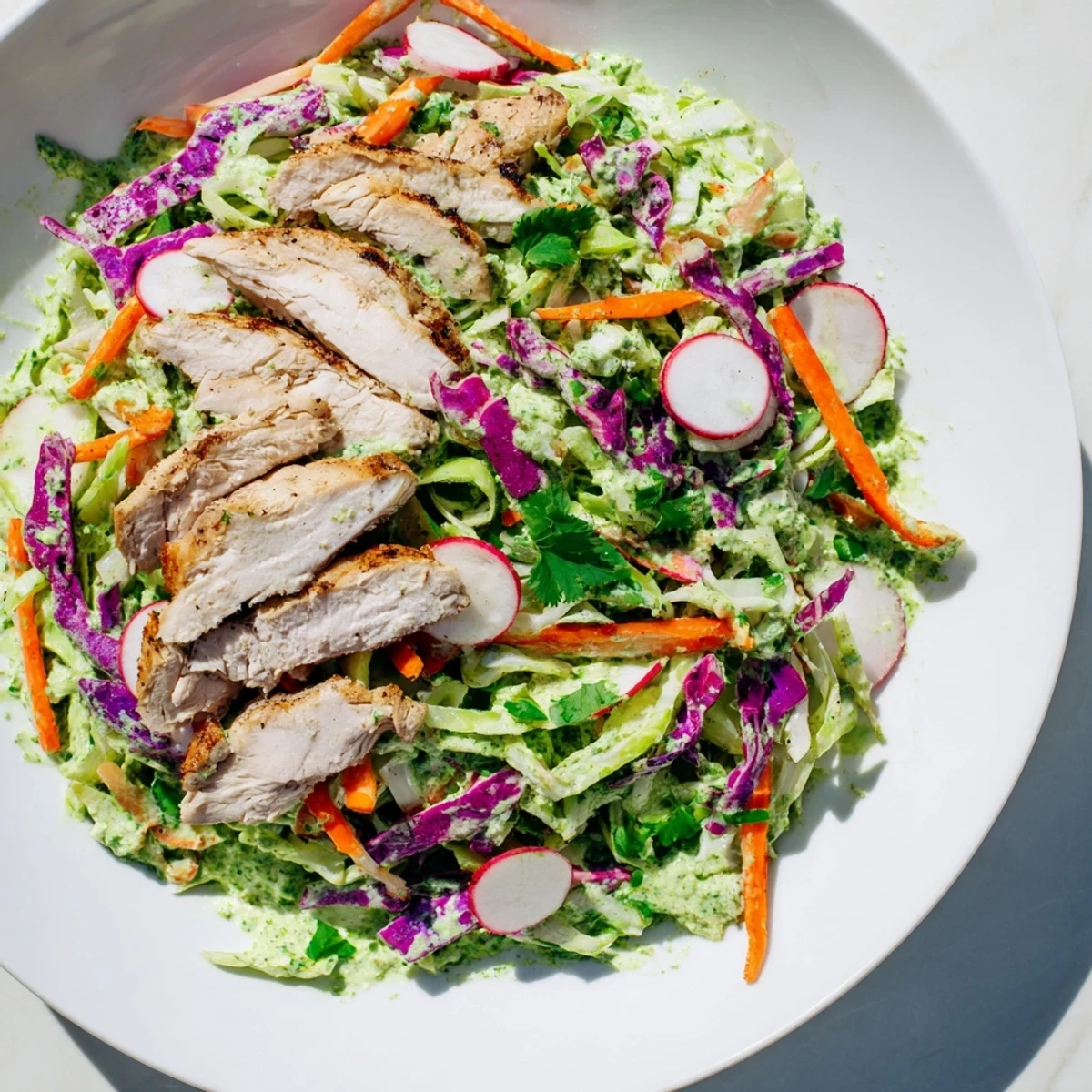 Green Goddess Cabbage Slaw topped with glistening grilled chicken, ready to be enjoyed.