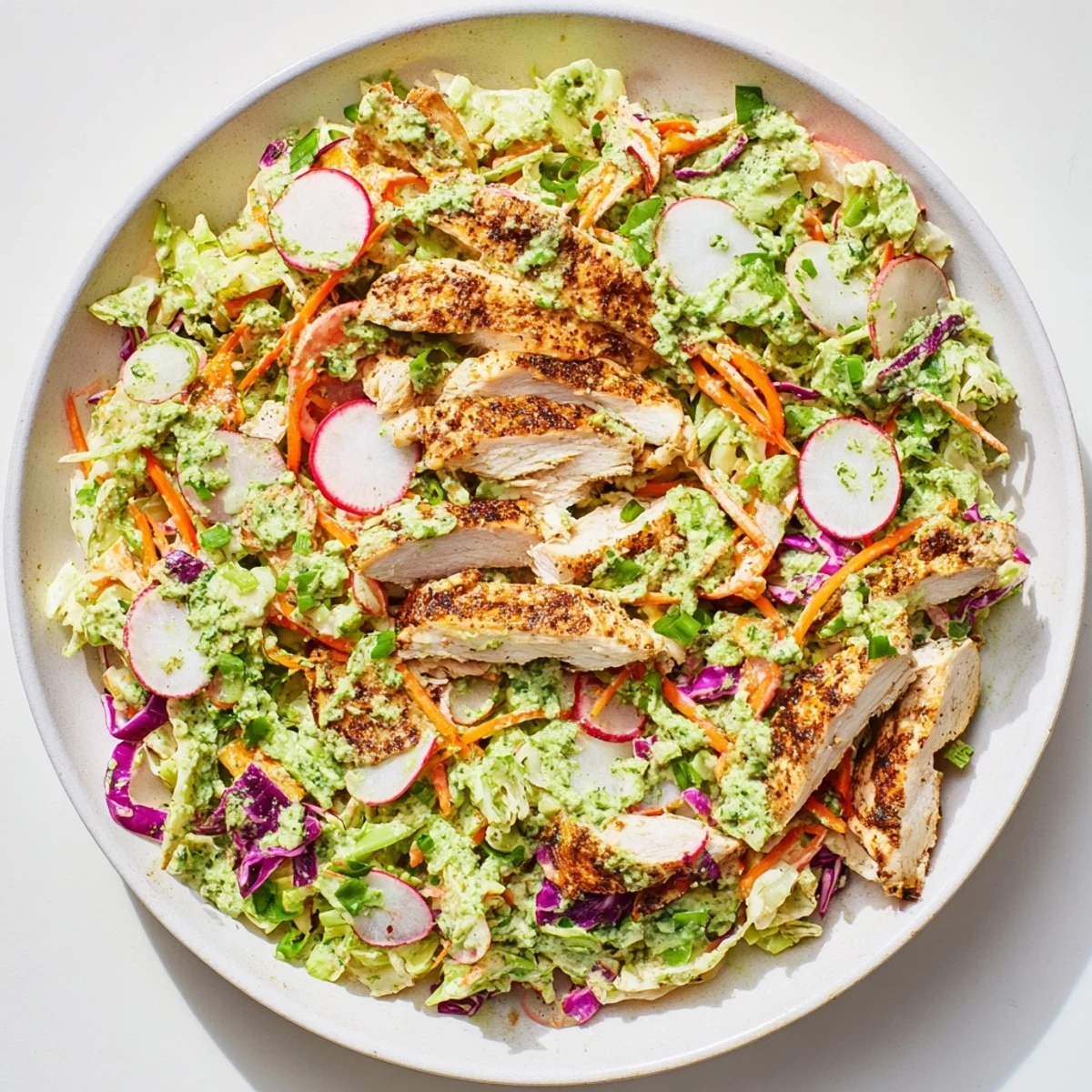 A colorful bowl of Green Goddess Cabbage Slaw with tender grilled chicken slices; a flavorful meal.
