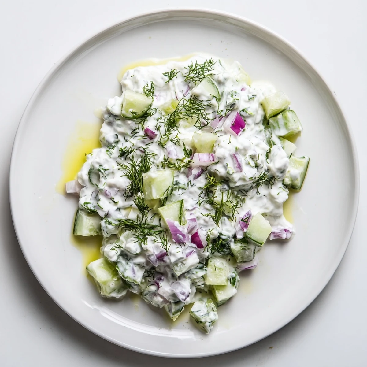 Creamy cucumber and Greek yogurt tzatziki salad, a vibrant side dish with fresh dill and garlic.