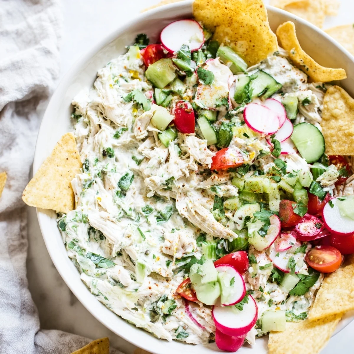 Creamy Green Goddess Chicken Nacho Dip, featuring warm shredded chicken, is served with crispy tortilla chips.